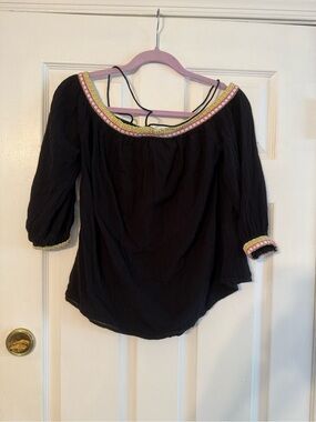 Piper Black Off-Shoulder Boho Top with Yellow & Pink Trim